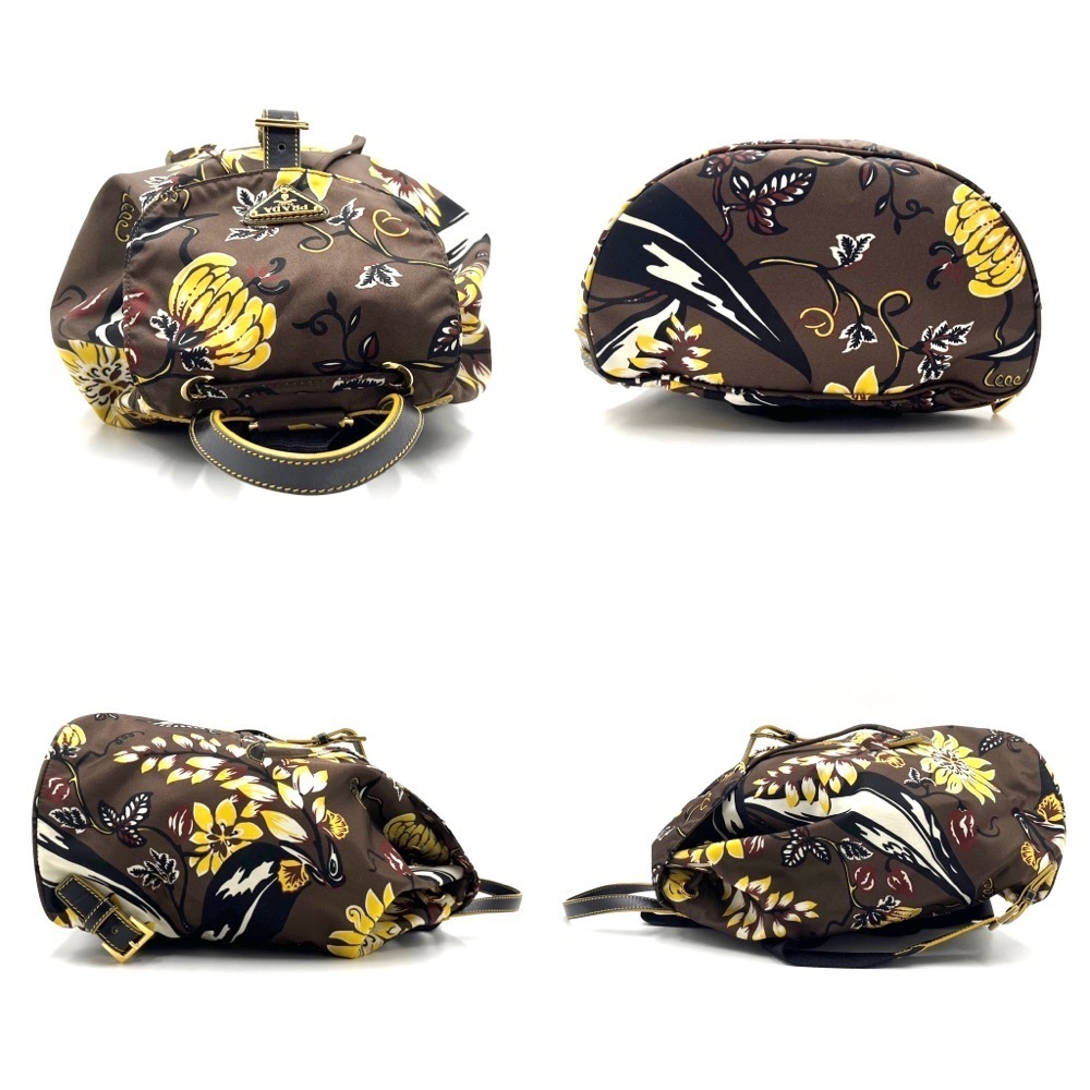 Prada Triangle Floral Backpack Nylon Leather Brow… - image 3